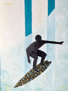 black silhouette of surfer on black board with colors symbols on it