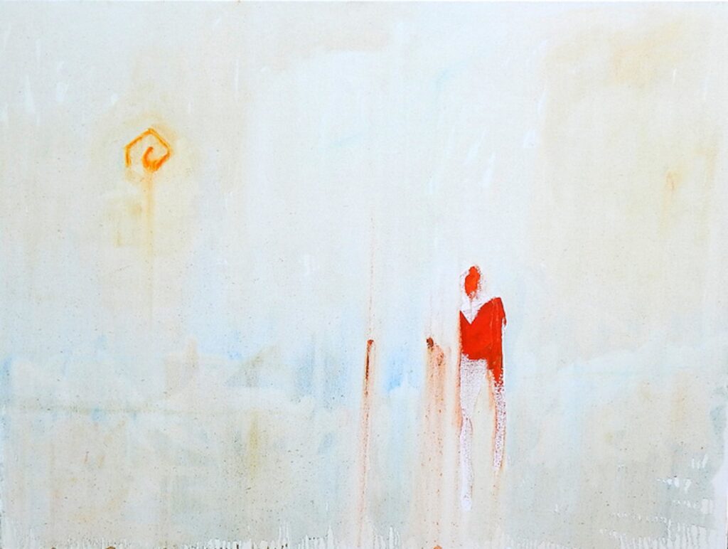 An abstract figure in red in the foreground with two others in the distance, on a white-gold background with a sun, forming a conceptual view of identity and once relationship with others.