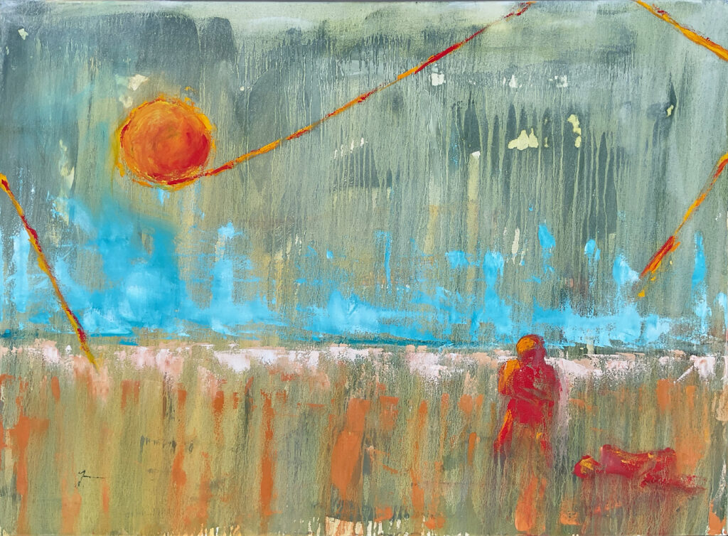 Dark landscape or planetary scene in black and red tones with strong contrast, presented as a dramatic and thought-provoking conceptual statement piece of the last days on earth. Two red figures in the foreground..